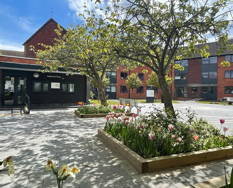 Aigburth halls in the background with trees and greenery in the foreground